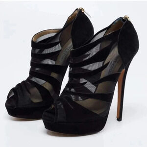 Jimmy Choo Kerfield Black Suede Peep Toe‎ Heels Size 37.5